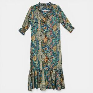 Womens Boho Paisley Patchwork Midi Dress Ruffle Hem 3/4 Sleeve Multicolor